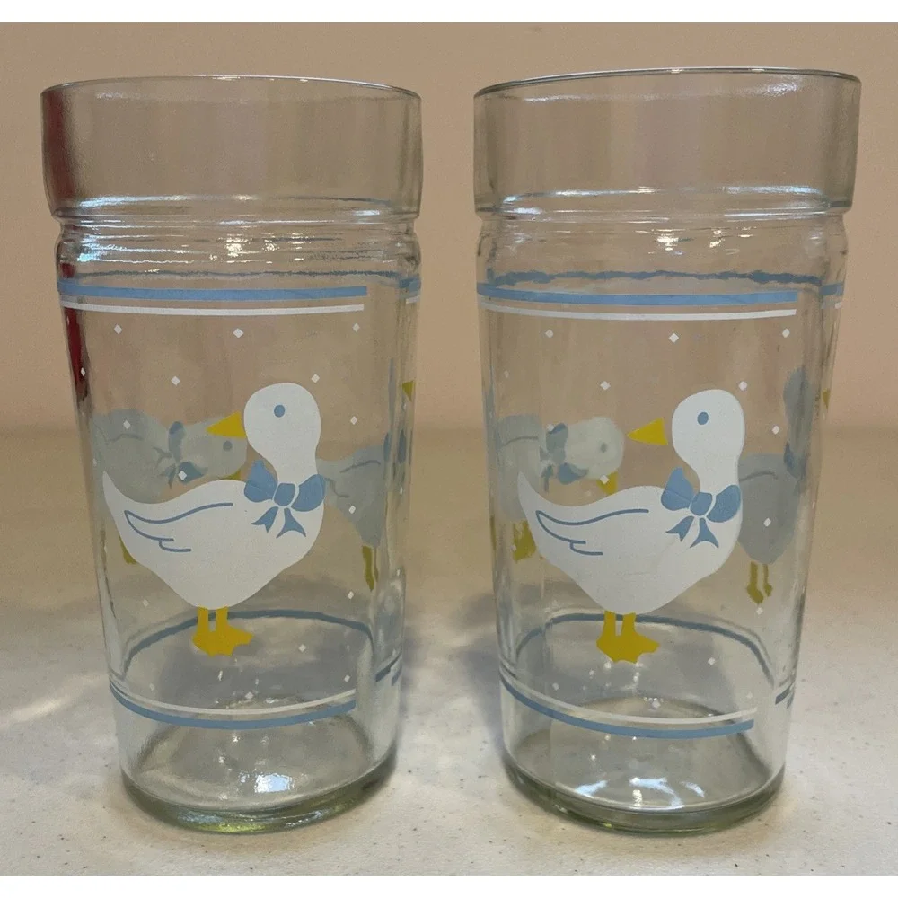 Vtg Set 4 Geese Goose Duck Glasses Cups Blue Ribbon Bow Libbey Anchor Hocking